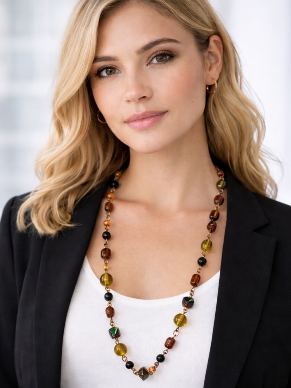 Long 36” Glass Bead Necklace Copper Tone Amber Brown Black Boho Artisan